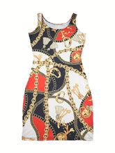 Load image into Gallery viewer, Chic Knee-High Chain Print Bodycon Dress - Crew Neck Sleeveless, Mid-Elastic Knit for Spring &amp; Summer - Shop &amp; Buy

