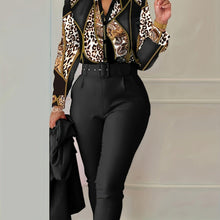Load image into Gallery viewer, Chic Leopard Print Women&#39;s Set: Durable Non-Elastic Woven Casual Top &amp; High-Waist Pants for All Seasons - Shop &amp; Buy
