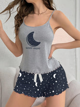 Load image into Gallery viewer, Chic Moon &amp; Star Print Womens Pajama Set - Frilled Trim, Backless Cami &amp; Elastic Shorts - Dreamy Sleepwear - Shop &amp; Buy
