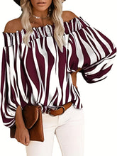 Load image into Gallery viewer, Chic Off Shoulder Striped Blouse - Fashionable Lantern Sleeves - Ultra-Comfortable Womens Casual Top - Shop &amp; Buy
