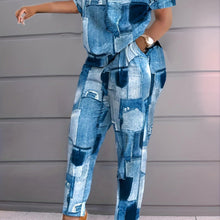 Load image into Gallery viewer, Chic Patchwork Denim Print Womens Two-piece Set - Lightweight Short Sleeve T-Shirt &amp; Pocketed High Waist Pants Outfit - Shop &amp; Buy
