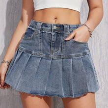 Load image into Gallery viewer, Chic Pleated Mini Denim Skirt - Stretch Fit, Slash Pockets - Casual Everyday Wear - Shop &amp; Buy
