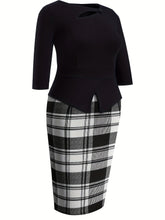 Load image into Gallery viewer, Chic Plus Size Colorblock Plaid Dress - Stylish Faux Twinset with Cut-Out Front &amp; Three-Quarter Sleeves - Shop &amp; Buy
