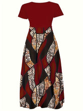 Load image into Gallery viewer, Chic Plus Size Maxi Dress - Colorblock &amp; Leopard Print, Paisley &amp; Lettering Details, Soft Round Neck, Short Sleeve - Shop &amp; Buy
