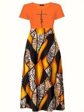 Load image into Gallery viewer, Chic Plus Size Maxi Dress - Colorblock &amp; Leopard Print, Paisley &amp; Lettering Details, Soft Round Neck, Short Sleeve - Shop &amp; Buy
