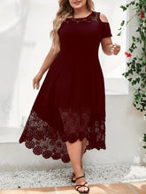Load image into Gallery viewer, Chic Plus Size Womens Casual Dress - Fashionable Solid Color with Contrast Lace Trim, Cold Shoulder Design - Shop &amp; Buy
