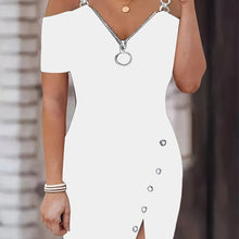 Load image into Gallery viewer, Chic Ribbed Cold Shoulder Dress with Zipper Detail - Short Sleeve, Elegant Style for Spring &amp; Summer - Shop &amp; Buy
