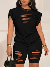 Load image into Gallery viewer, Chic Ripped Solid Two-piece Set - Crew Neck Short Sleeve Tee &amp; Slim Shorts Outfit - Shop &amp; Buy

