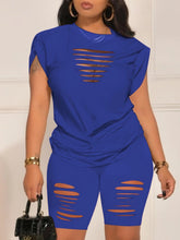 Load image into Gallery viewer, Chic Ripped Solid Two-piece Set - Crew Neck Short Sleeve Tee &amp; Slim Shorts Outfit - Shop &amp; Buy
