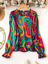 Load image into Gallery viewer, Chic Ruffle-Trim Bell Sleeve Blouse - Bold Abstract Print, Perfect for Spring/Fall, Womens Trendy Top - Shop &amp; Buy
