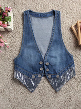 Load image into Gallery viewer, Chic Sequined Sleeveless Denim Vest - Deep V Neck, Slim Fit Crop Top, Casual Women Fashion for Spring/Fall - Shop &amp; Buy
