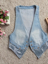 Load image into Gallery viewer, Chic Sequined Sleeveless Denim Vest - Deep V Neck, Slim Fit Crop Top, Casual Women Fashion for Spring/Fall - Shop &amp; Buy
