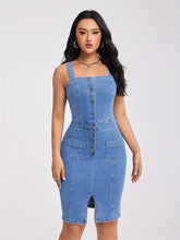 Load image into Gallery viewer, Chic Sleeveless Half-Button Front Denim Dress with Side Slit - Figure-Hugging Design with Functional Pockets - Shop &amp; Buy
