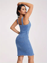 Load image into Gallery viewer, Chic Sleeveless Half-Button Front Denim Dress with Side Slit - Figure-Hugging Design with Functional Pockets - Shop &amp; Buy
