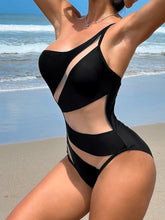 Load image into Gallery viewer, Chic Solid Black One-Piece Swimsuit with Mesh Detailing, Sexy Backless Design &amp; Asymmetrical Shoulder - Shop &amp; Buy
