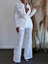 Load image into Gallery viewer, Chic Solid Lace Blazer &amp; Straight Leg Pants Set - Single Breasted, Flap Pockets, Loose Fit - Shop &amp; Buy
