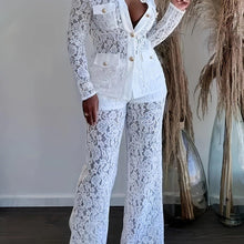 Load image into Gallery viewer, Chic Solid Lace Blazer &amp; Straight Leg Pants Set - Single Breasted, Flap Pockets, Loose Fit - Shop &amp; Buy
