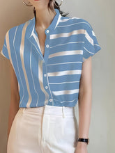 Load image into Gallery viewer, Chic Striped Print Blouse - Button Down, Casual Short Sleeve Top for Effortless Style - Perfect for Spring &amp; Summer Wardrobe - Shop &amp; Buy

