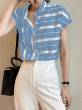 Load image into Gallery viewer, Chic Striped Print Blouse - Button Down, Casual Short Sleeve Top for Effortless Style - Perfect for Spring &amp; Summer Wardrobe - Shop &amp; Buy
