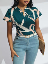 Load image into Gallery viewer, Chic Teal &amp; Pink Graphic Print Blouse - Notched Neckline - Comfort Fit - Ideal for Spring/Summer Versatility - Shop &amp; Buy
