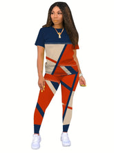 Load image into Gallery viewer, Chic Women Geo Print T-Shirt &amp; Skinny Leggings Set - Casual Color Block Crew Neck Short Sleeve Top with Stretchy - Shop &amp; Buy
