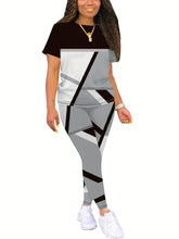 Load image into Gallery viewer, Chic Women Geo Print T-Shirt &amp; Skinny Leggings Set - Casual Color Block Crew Neck Short Sleeve Top with Stretchy - Shop &amp; Buy
