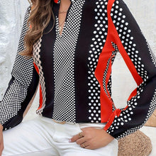 Load image into Gallery viewer, Chic Women&#39;s Blouse with Playful Polka Dots &amp; Stripes - Casual Notched Neck, Long Sleeves for Every Occasion - Shop &amp; Buy
