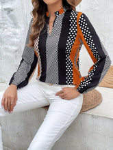 Load image into Gallery viewer, Chic Women&#39;s Blouse with Playful Polka Dots &amp; Stripes - Casual Notched Neck, Long Sleeves for Every Occasion - Shop &amp; Buy
