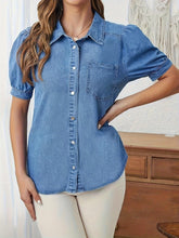 Load image into Gallery viewer, Chic Womens Denim Shirt Top with Flirty Puff Sleeves - Casual Button Front Blouse featuring a Stylish Single Pocket Design for a Trendy, Comfortable Look - Shop &amp; Buy
