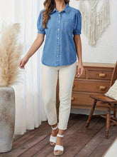 Load image into Gallery viewer, Chic Womens Denim Shirt Top with Flirty Puff Sleeves - Casual Button Front Blouse featuring a Stylish Single Pocket Design for a Trendy, Comfortable Look - Shop &amp; Buy
