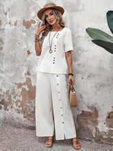 Load image into Gallery viewer, Chic Womens Solid Button Front Pantsuit - Asymmetrical Top &amp; Wide Leg Pants - Shop &amp; Buy
