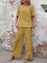 Load image into Gallery viewer, Chic Womens Solid Button Front Pantsuit - Asymmetrical Top &amp; Wide Leg Pants - Shop &amp; Buy
