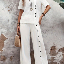Load image into Gallery viewer, Chic Womens Two-Piece Outfit - Flattering Blouse with Button Detail &amp; Split Wide Leg Pants - Versatile Casual Fashion Set - Shop &amp; Buy
