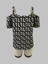 Load image into Gallery viewer, Chic Womens Two-Piece Set - Zip Front Cold Shoulder Top &amp; Geo Print Shorts - Shop &amp; Buy
