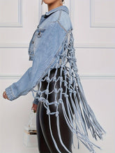 Load image into Gallery viewer, Chic Woven Tassel Denim Jacket - Fashion-Forward Back Mesh, Knotted Cropped Coat with Eye-Catching Hollow Out Design - Shop &amp; Buy
