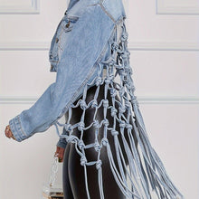 Load image into Gallery viewer, Chic Woven Tassel Denim Jacket - Fashion-Forward Back Mesh, Knotted Cropped Coat with Eye-Catching Hollow Out Design - Shop &amp; Buy
