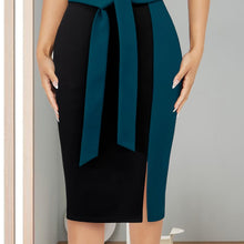 Load image into Gallery viewer, Color Block Belted Bodycon Skirt, Elegant Split Skirt For Spring &amp; Fall, Women&#39;s Clothing - Shop &amp; Buy
