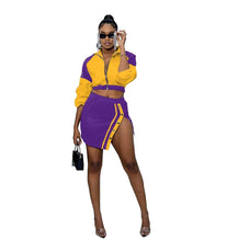 Load image into Gallery viewer, Color Block Patchwork Two Piece Set for Women Sexy Zipper Crop Top Jackets + Button Slit Mini Skirts Night Club Party Outfits - Shop &amp; Buy
