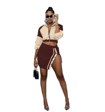 Load image into Gallery viewer, Color Block Patchwork Two Piece Set for Women Sexy Zipper Crop Top Jackets + Button Slit Mini Skirts Night Club Party Outfits - Shop &amp; Buy
