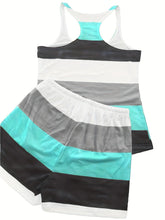 Load image into Gallery viewer, Color Block Striped Two-piece Set, Crew Neck Sleeveless Tank Top &amp; Drawstring Elastic Waist Shorts Outfits - Shop &amp; Buy
