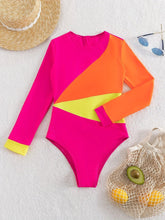 Load image into Gallery viewer, Color Block Zipper Long Sleeve One-piece Swimsuit, Crew Neck Stretchy Sun Protective Surfing Water Sports Rush Guard - Shop &amp; Buy
