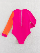Load image into Gallery viewer, Color Block Zipper Long Sleeve One-piece Swimsuit, Crew Neck Stretchy Sun Protective Surfing Water Sports Rush Guard - Shop &amp; Buy
