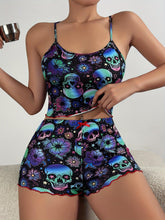 Load image into Gallery viewer, Colorful Mushroom Print Frill Trim Pajama Set, Casual Round Neck Cross Strappy Backless Crop Cami Top &amp; Elastic Shorts - Shop &amp; Buy
