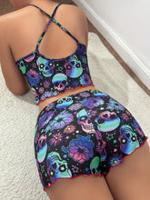Load image into Gallery viewer, Colorful Mushroom Print Frill Trim Pajama Set, Casual Round Neck Cross Strappy Backless Crop Cami Top &amp; Elastic Shorts - Shop &amp; Buy

