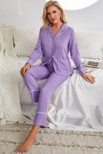 Load image into Gallery viewer, Contrast Lapel Collar Shirt and Pants Pajama Set with Pockets - Shop &amp; Buy