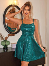 Load image into Gallery viewer, Contrast Sequin Tie Back Bridesmaid Dress, Solid Spaghetti Strap Mini Dress - Shop &amp; Buy

