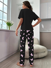 Load image into Gallery viewer, Cozy Heart Print Womens Pajama Set - Short Sleeve Crew Neck Top with Colorful Butterfly Pants - Shop &amp; Buy
