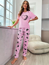 Load image into Gallery viewer, Cozy Heart Print Womens Pajama Set - Short Sleeve Crew Neck Top with Colorful Butterfly Pants - Shop &amp; Buy
