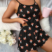 Load image into Gallery viewer, Cozy Womens Mushroom Print Pajama Set - Soft Flowy Fabric with Feminine Lettuce Trim Cami Top &amp; Elastic Waistband Shorts - Shop &amp; Buy
