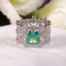 Load image into Gallery viewer, Cut 8*8mm Paraiba Green Crushed Ice Diamond Sterling Silver Diamond Fire CZ Miligrain Ring Antique Handmade Jewelry - Shop &amp; Buy
